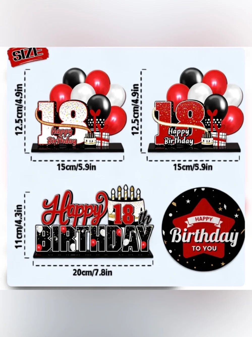Happy 18th Birthday Table Centerpiece Decoration - Red, Black & White